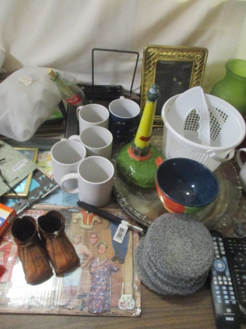 Table Lot - Vases, Picture Frames, Cups, Baskets, Placemats, Copper Shoes, etc. - 3
