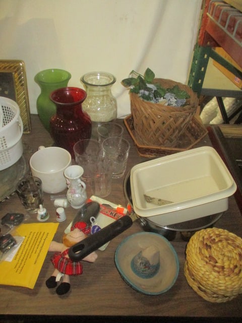 Table Lot - Vases, Picture Frames, Cups, Baskets, Placemats, Copper Shoes, etc. - 5