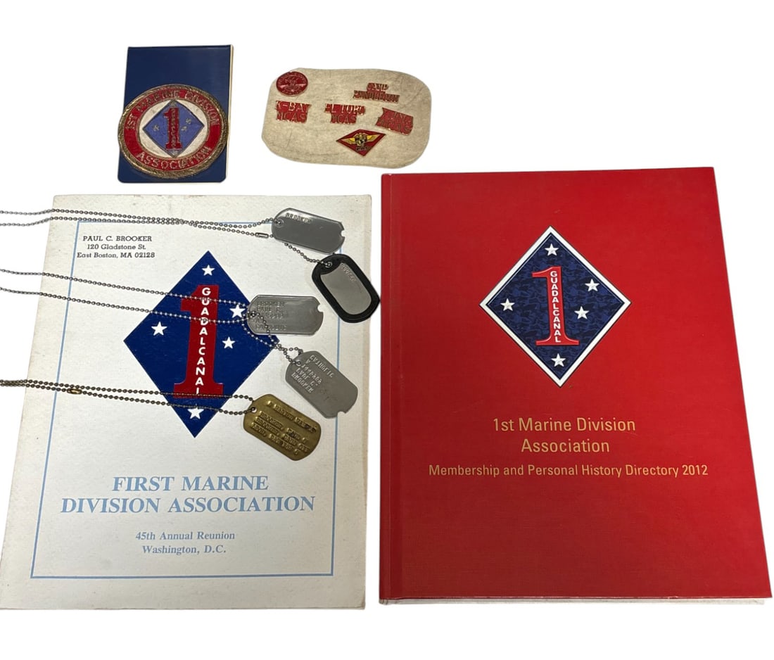 US 1st Marine Division Veteran Grouping ID'd: Comes with Bullion First Marine Division patch, US Marine Corp Aviation Pin, Camp Pendleton Pin, K-Bay MCAS pin, El Toro MCAS pin, Yuma MCAS pin and Pack pin. Comes with (3) sets of dog tags to a Paul