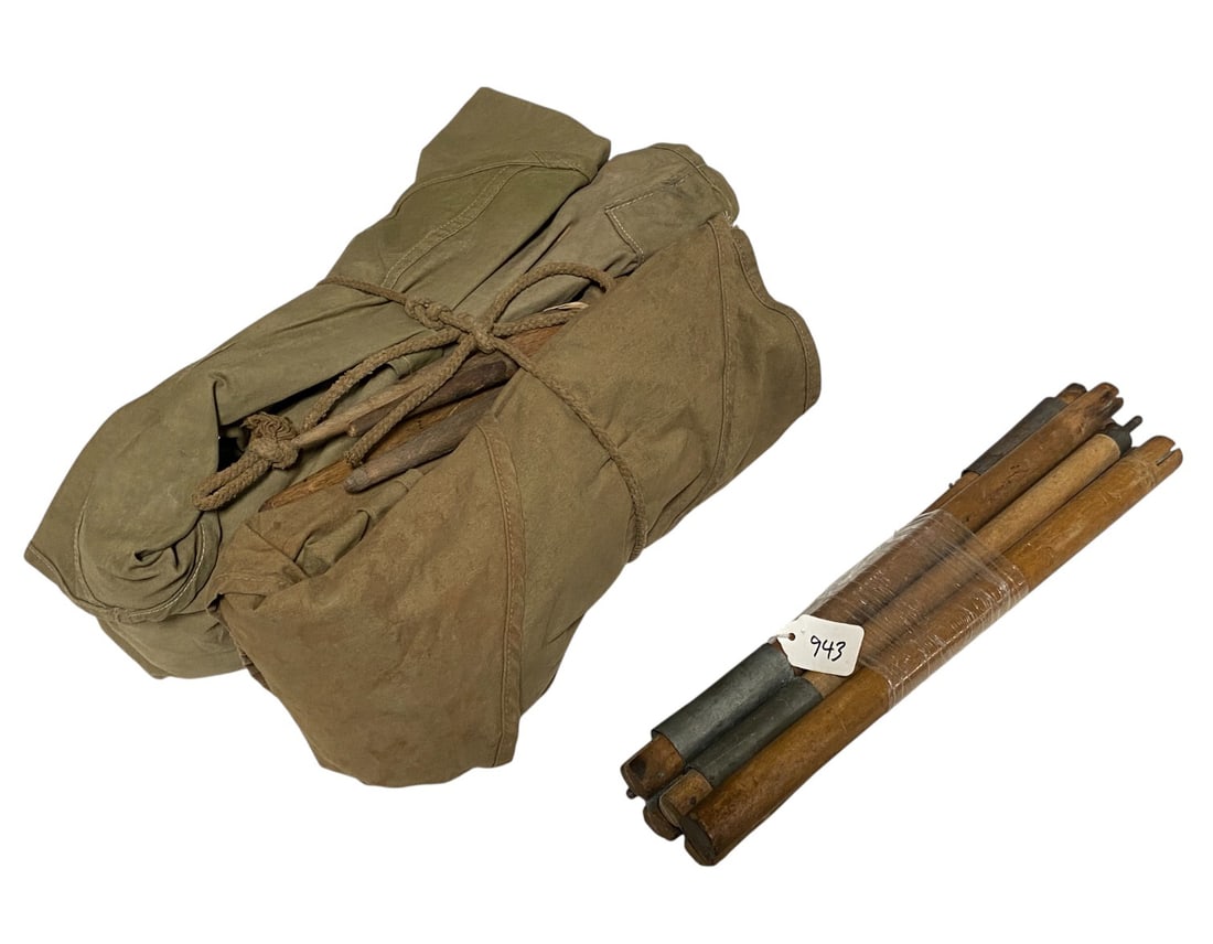 (2) US WWII Tent Half's Full Kit with Tent Spikes: Used but Good Condition on the Tent Half's. See Photos.