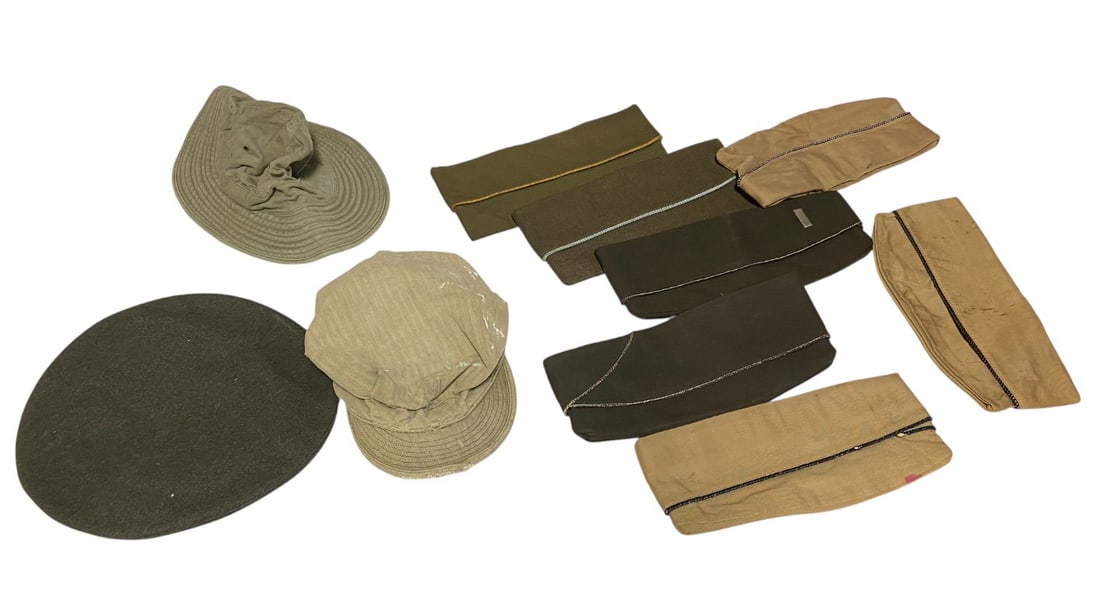 Lot of (10) US WWII Hats and Garrison Caps: (7) Garrison Caps. USMC Boonie. USMC Field Cap. And Unknown Whool Cap. See Photos.