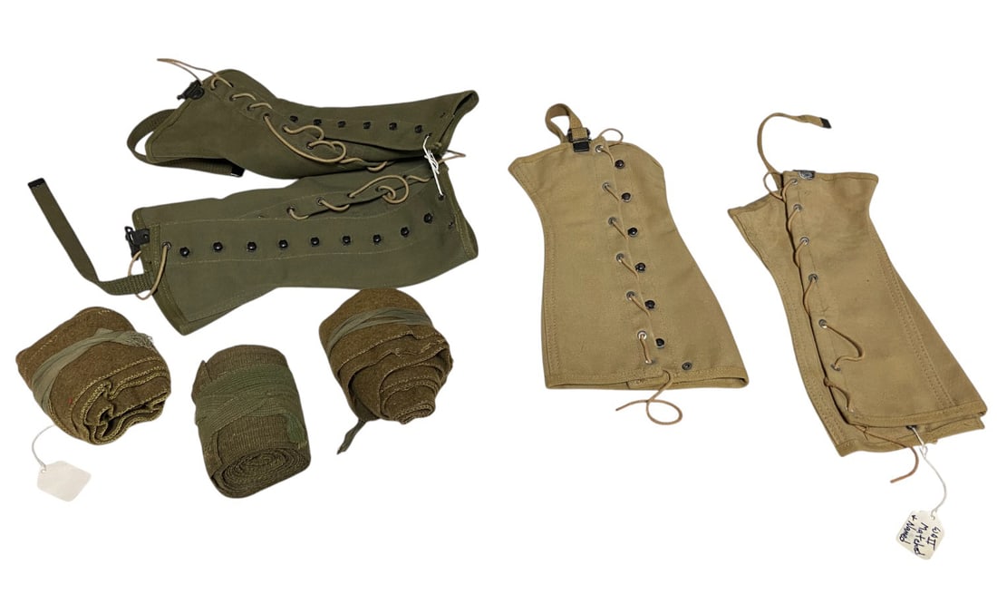 US WWII Set of (2) Leggings and (3) Puttee's.: (1) Pair of leggings is ID'd to Harrison, D.B and Dated 1943. The Puttee is used as a leg wrapping to keep mud and such out of boots, often wrapped around the boot area.