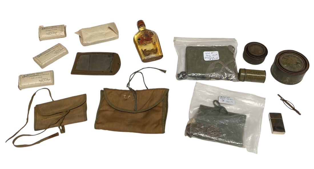 WWII US Soldier's Personal Items: Plain Gauze Bandage, Anti Dim Stick for Gas Mask, Leather Dressing, (4) Sew Kits, Clip from Home, Matches, Dubbing, Mirror, and Medicine.