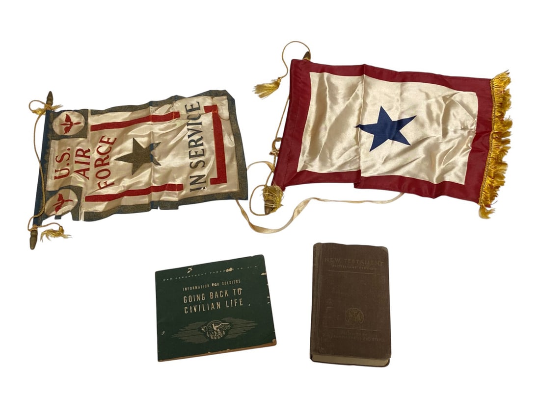 WWII US Personal Items: 1942 Dated New Testament Bible, US AIR FORCE Service Mothers Flag, and Son Away From Home Mothers Flag.