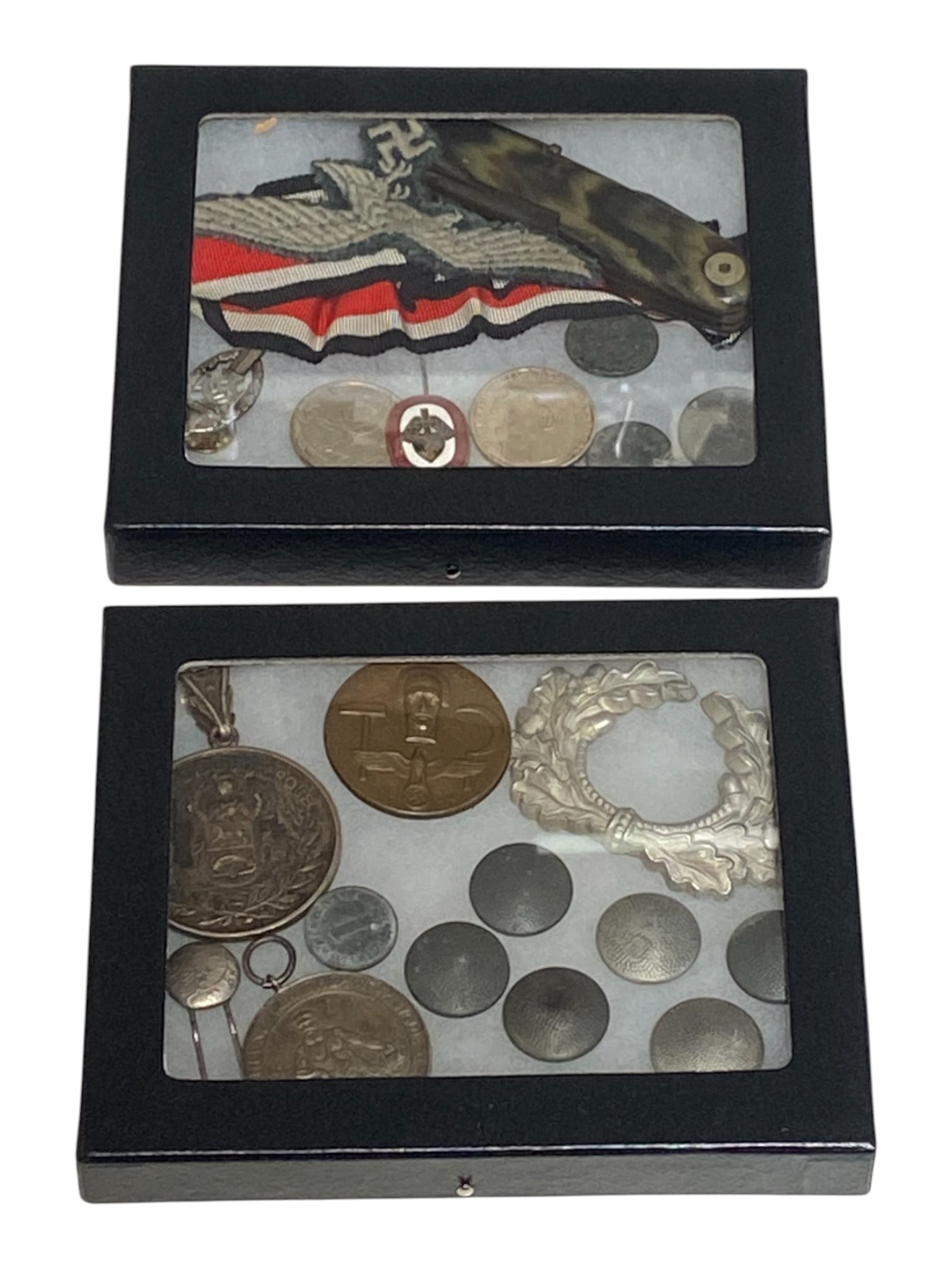 WWII German Grouping: Buttons, Pins, Medals, EK2 Ribbon Bar, German Pocket Knife Bringback, and Coins