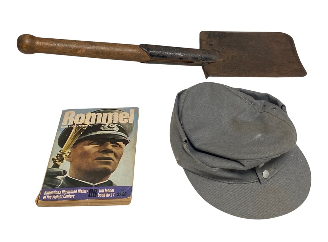 German East German Hat Shovel an Rommel Book: Rare East German Shovel, East German Cap, and Erwin Rommel Book.