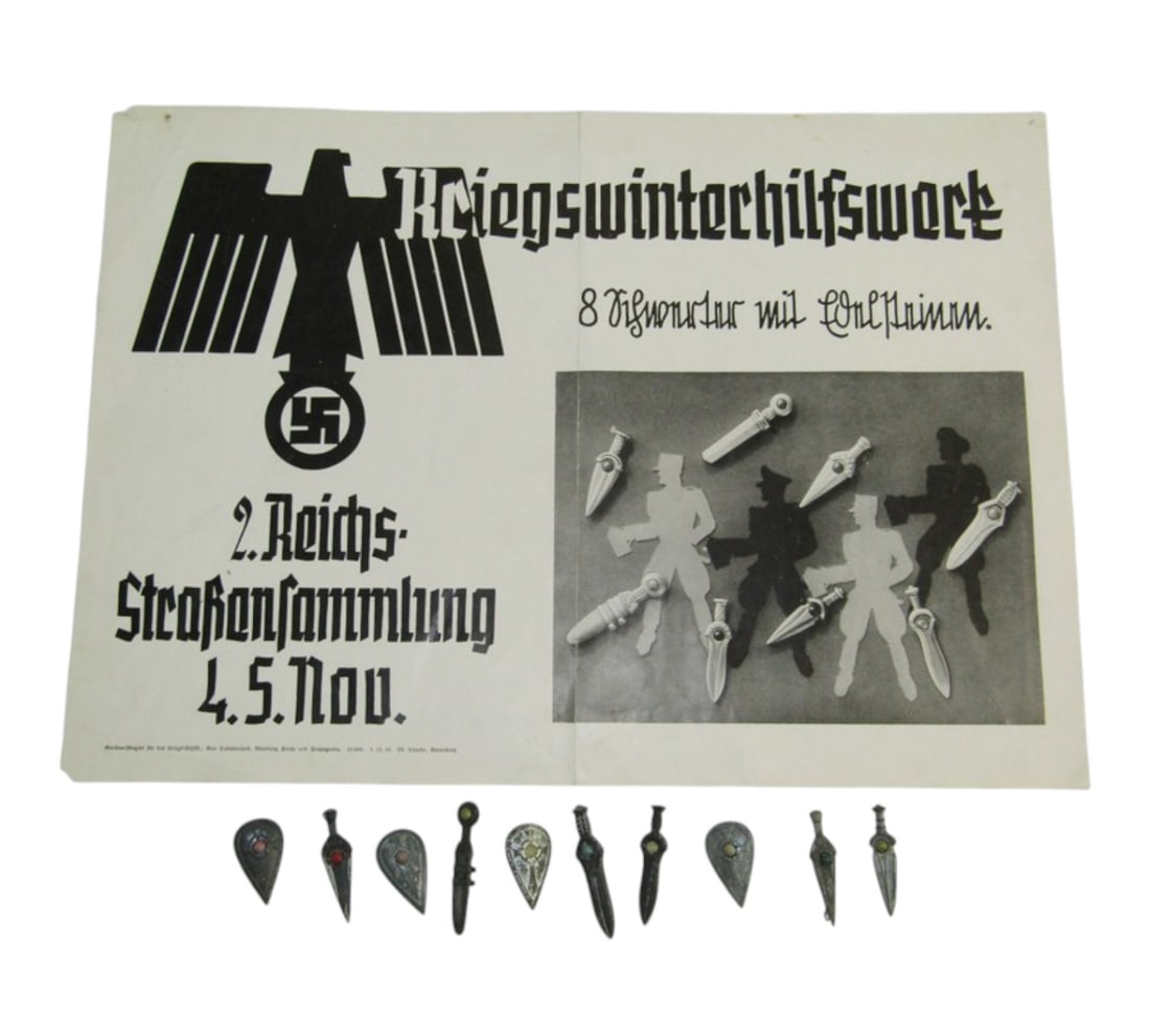 Original RARE German War Winter Relief Agency (WHW) Donation Campaign Poster w/ Donation "Trinkets": Printed on thick poster card stock. Was created to raise funds for the SA, SS, NSKK and NSFK. Very good condition, with just moderate soiling and slight wear to corners. All of the donation "trinket"