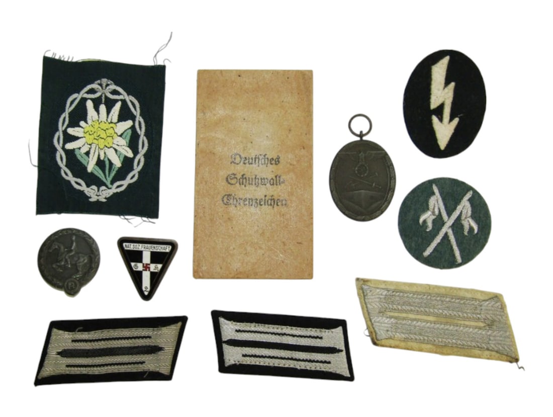 (9) German WWII Insignia, Badges and More: All pieces are original WWII period and cloth does not glow under blacklight. See photos.