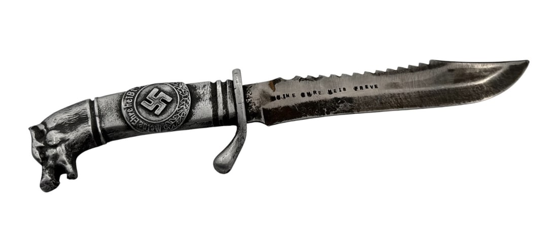 German WWII Military Eagle Head Knife – RZM Marked and WaA163. AH/38 Blade: Blade is marked “Meine Emre Meib Freve” and AH/38. The handle is RZM marked WaA163. Blade is seperated from handle due to a break at some point. Buyer be your own judge of authenticity. Me