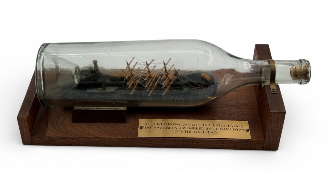 WWII German Prisoner of War / POW Assembled “Ship in a bottle” of Nazi Ship (1 of 9)