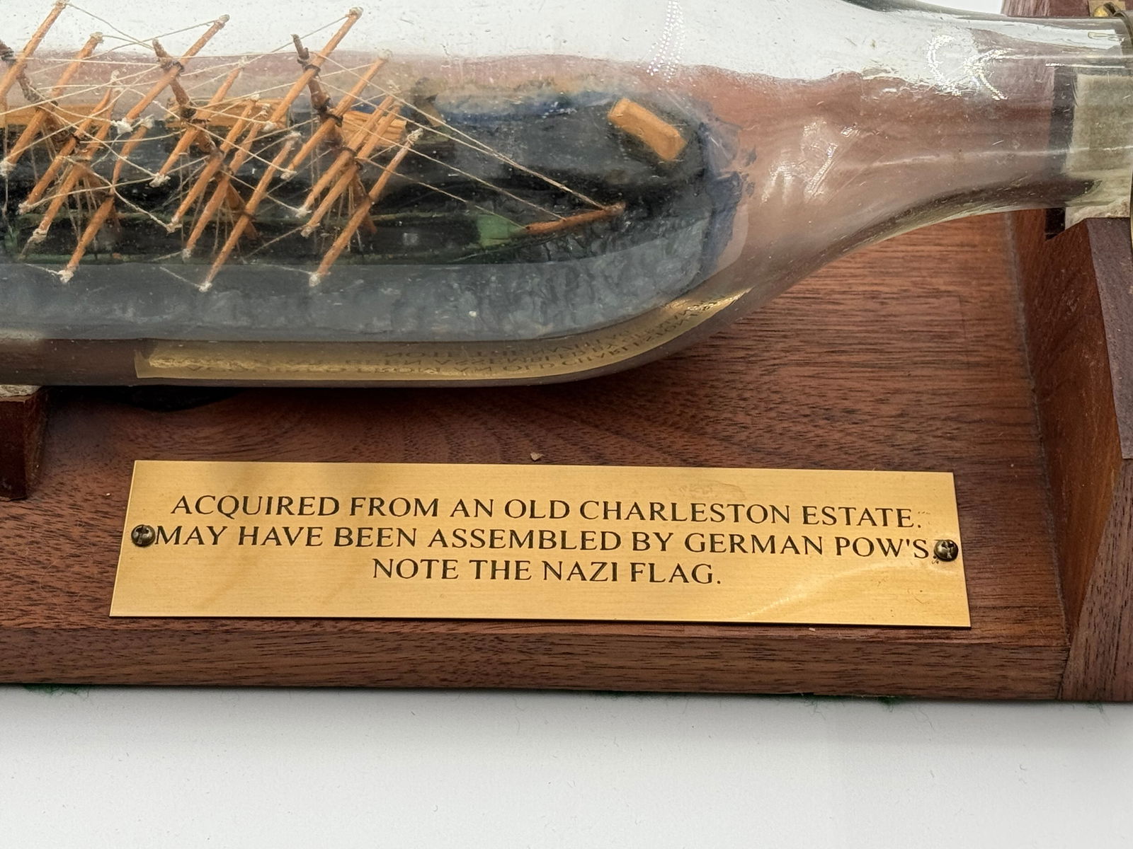 WWII German Prisoner of War / POW Assembled “Ship in a bottle” of Nazi Ship - 2