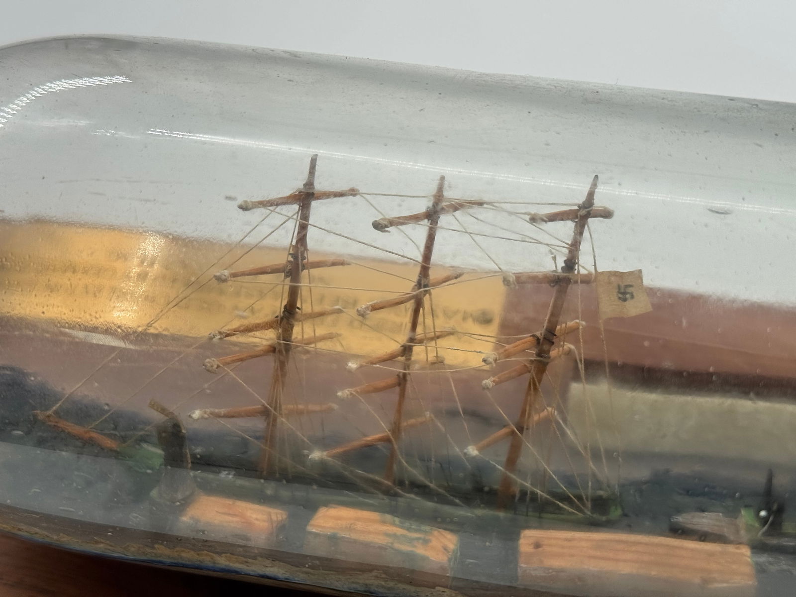 WWII German Prisoner of War / POW Assembled “Ship in a bottle” of Nazi Ship - 6