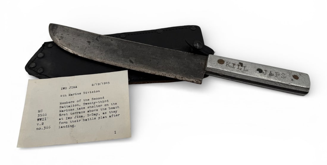 US WWII USMC 4th Marine Division “Kill Japs” Iwo Jima Theatre-Made Knife: This is an extremely interesting bringback and one of the prized pieces in our veteran’s collection. It is a “Theatre-Made” Aluminum handled full tang Knife that has an overall lengt