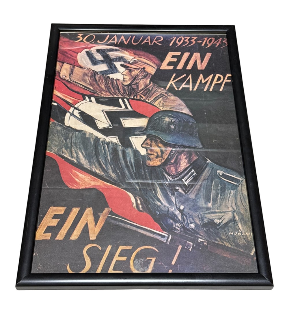 Framed WWII German Nazi Propaganda 10th Anniversary "One Struggle. One Victory!" Poster: Frame Measures 24.5" x 16.75". This is Nazi propaganda poster is commemorating the tenth anniversary of Adolf Hitler's appointment as Chancellor of Germany. It was produced in 1943 by Hans Schweitzer,