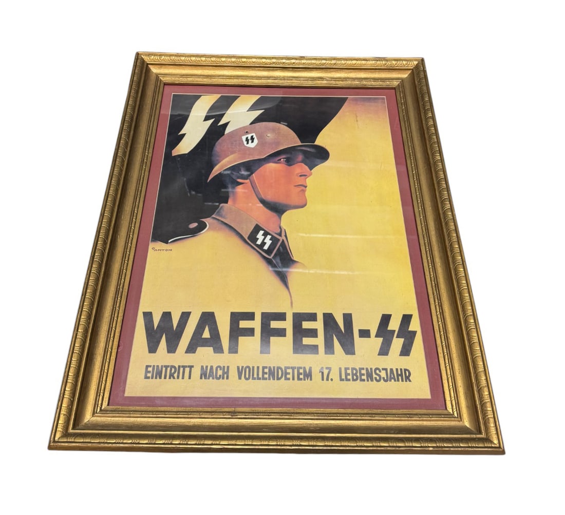 Framed WWII German 1941 Waffen-SS Recruitment Poster: Frame measures 22" x 28". This is a nicely framed German Waffen-SS recruitment poster from World War II depicting a SS-Unterscharfuhrer Klemens Behler and reads "Waffen-SS: Entry after the completed 1