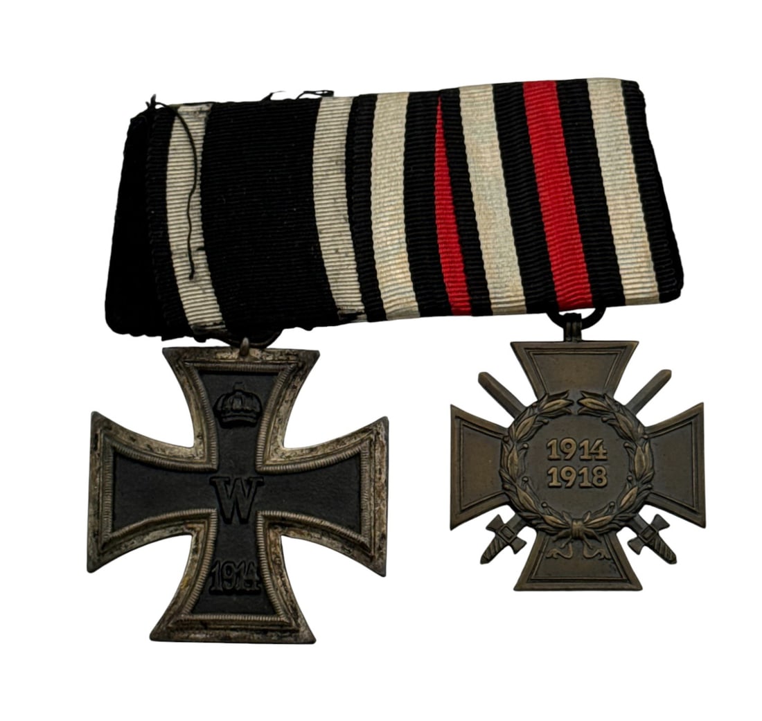 German WWI 2-Piece Medal Ribbon Bar w/ Iron Cross 2nd Class & Hindenburg/Honour Cross: See photos