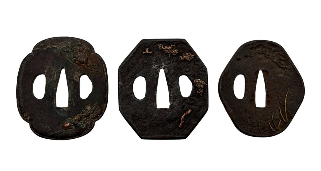 (3) Original Vintage Japanese Sword Guard (Tsuba) w/ Gold Inlay (1 of 4)
