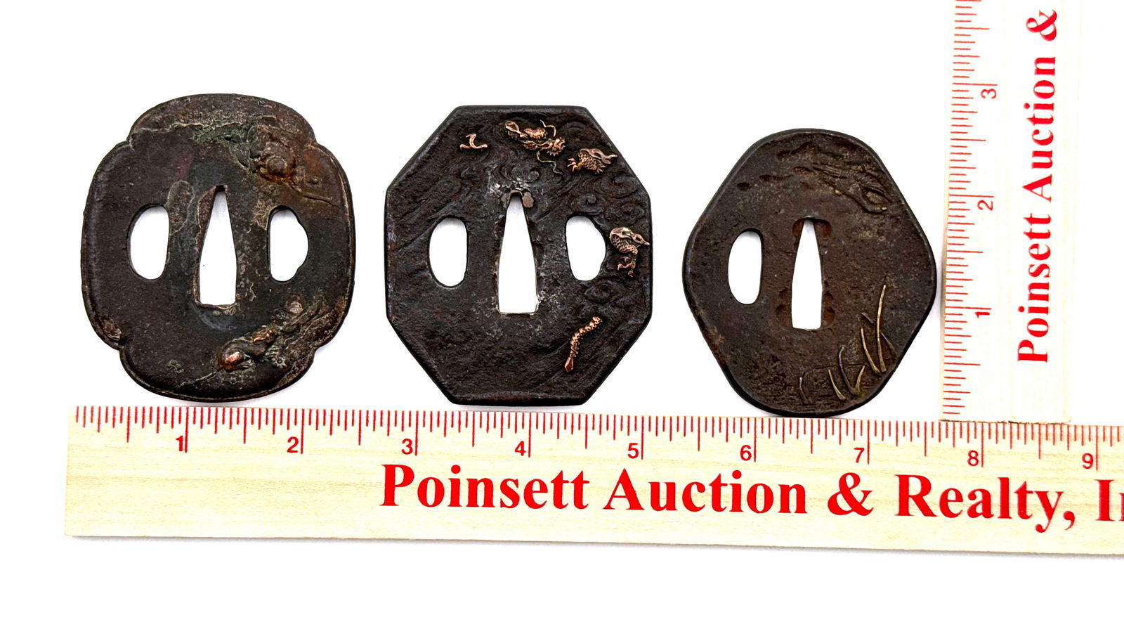 (3) Original Vintage Japanese Sword Guard (Tsuba) w/ Gold Inlay - 2