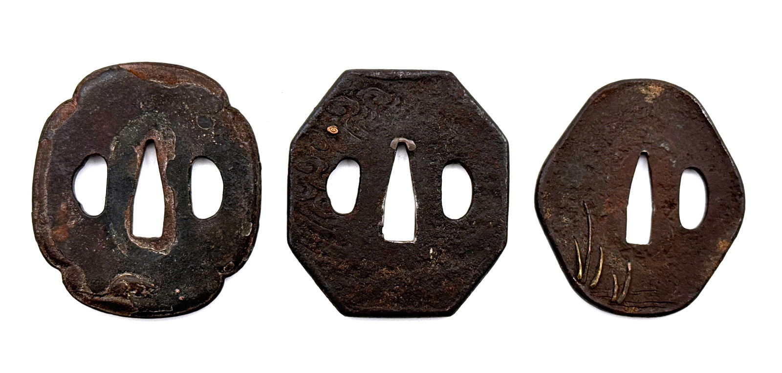 (3) Original Vintage Japanese Sword Guard (Tsuba) w/ Gold Inlay - 3