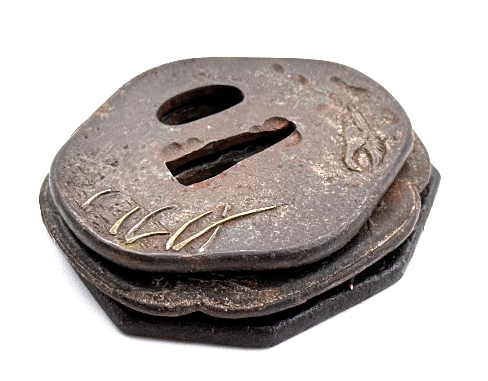 (3) Original Vintage Japanese Sword Guard (Tsuba) w/ Gold Inlay - 4