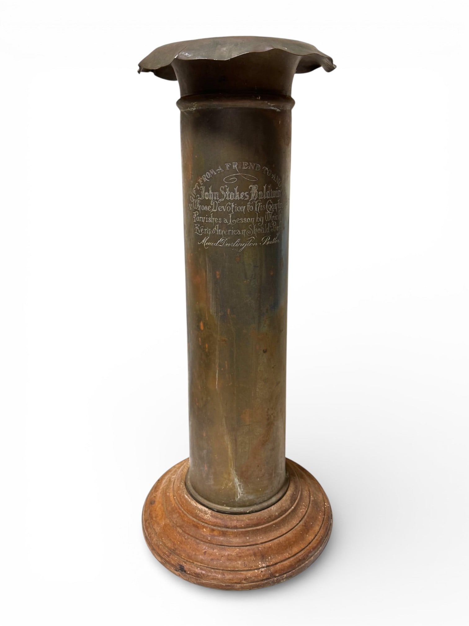 WWI Shell in Honor of KIA Veteran John S. Baldwin: Mr. Baldwin was a 2nd LT in CO. M, 4th Infantry. He was killed in Action Oct-6th-1918 in The Meuse Argonne, France. Large shell measures Approx. 31" tall on base, and 21" around. Base is 12" across.