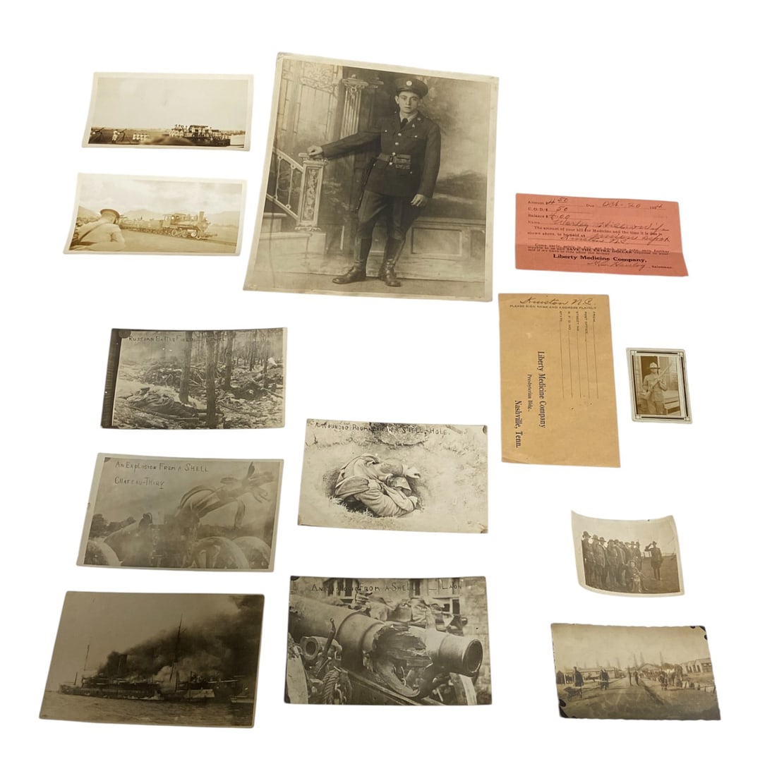 Interesting Grouping of Various WWI Era Photos : Neat photo of young soldier with 1917 ammo pouch, (2) WWI Era military train photos, grouping of photograph of black soldier with ID. Black soldier looks to be holding a 1917 rifle. Also includes grou