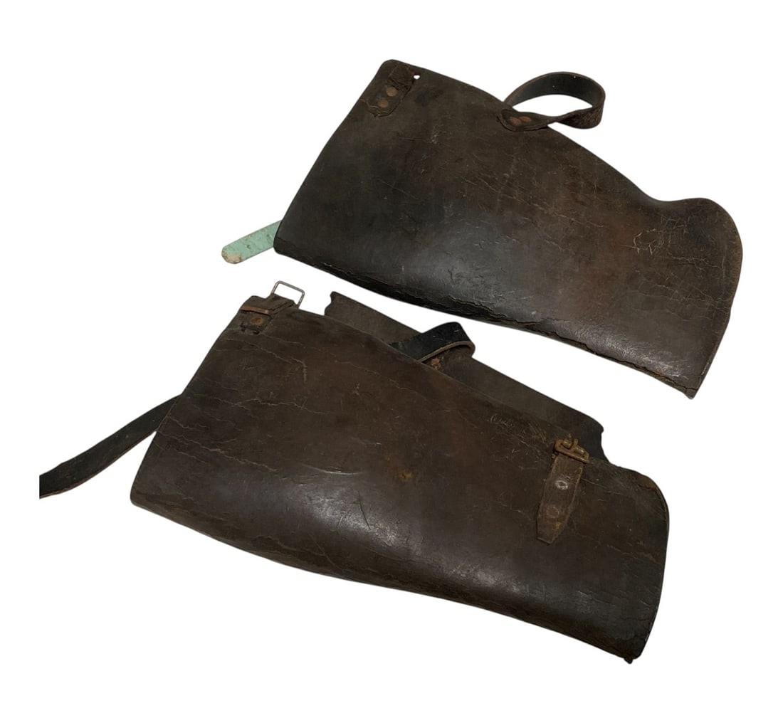 Early Pre-WWI Leather Cavalry Leggings/Gaiters: No markings found. Heavily used/hardened condition, with obvious age wear and cracking to the leather. Overall solid 