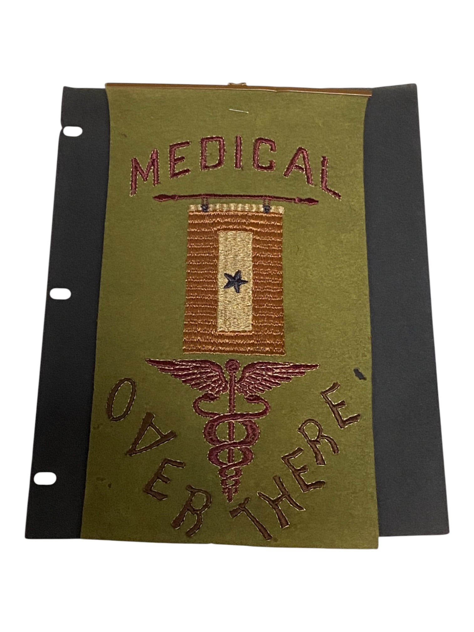 WWI “Over There” Son and Service Medical Corps Banner : Excellent condition. Stapled in display folder. Measures approximately 11”x6”