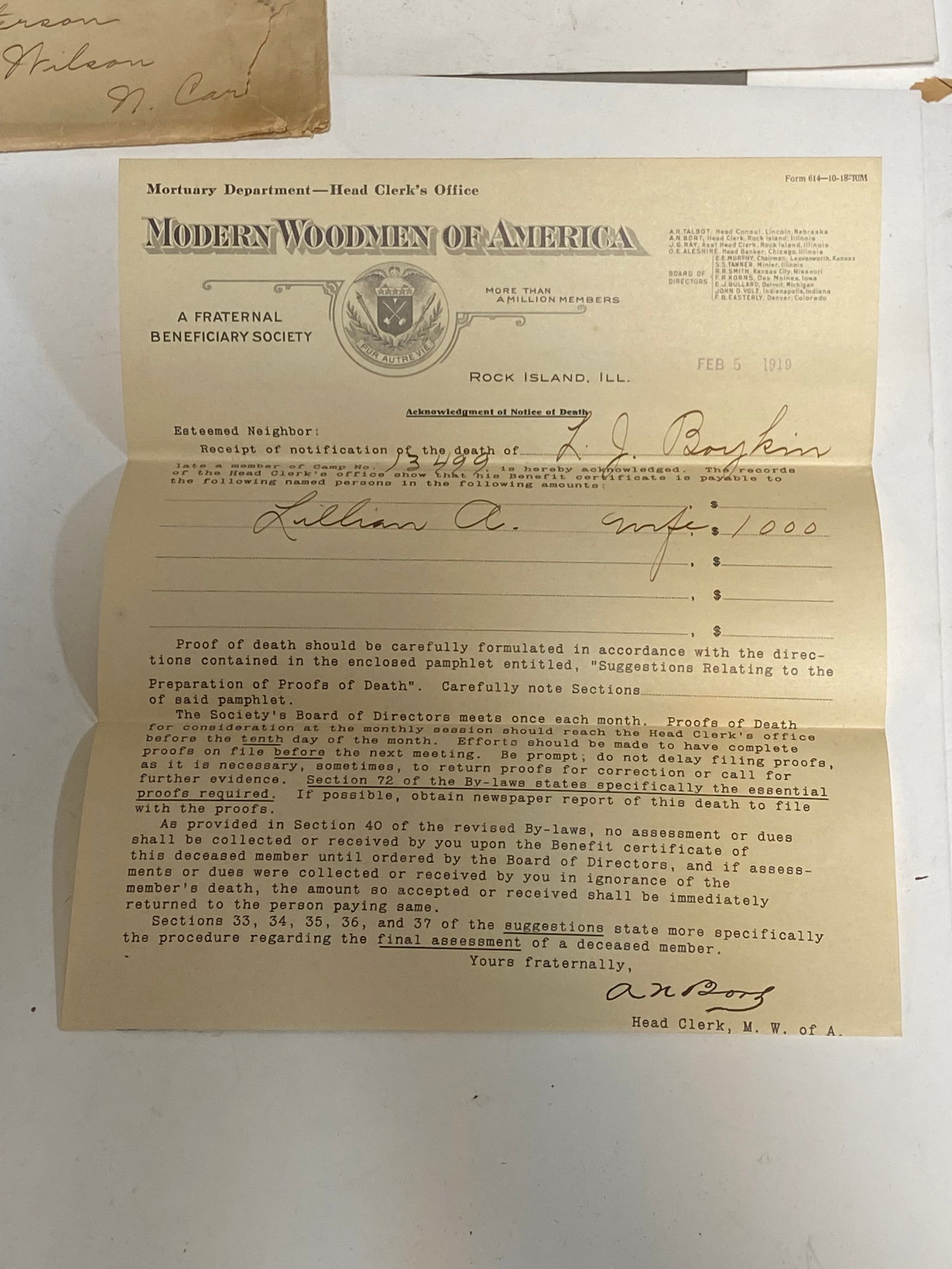 Vintage Grouping of WWI Era Modern Woodman of America Papers, Booklets, Letters, Etc. - 8