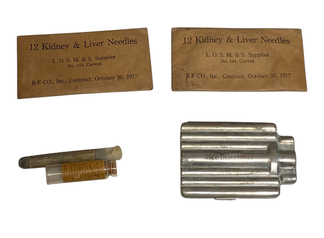 Interesting WWI Medical Supplies Lot : Unopened (12) Kidney and Liver needles dated 1917. Also includes Larkin Almond Extract bottle, B&B Iodine swab dated 1917, Med Dept USN Syringe case with hypodermic syringe 