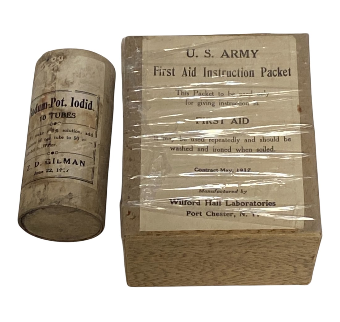 Rare Unopened WWI US Training First Aid Instruction Pack Dated 1917 and Iodine Tubes Dated 1917: This is a US Army First Aid instruction packet that gives directions for applying first aid packets. Manufactured by Wilford Hall Laboratories, Fort Chester, NY. Unopened 1917 iodine tubes by ZD Gilma