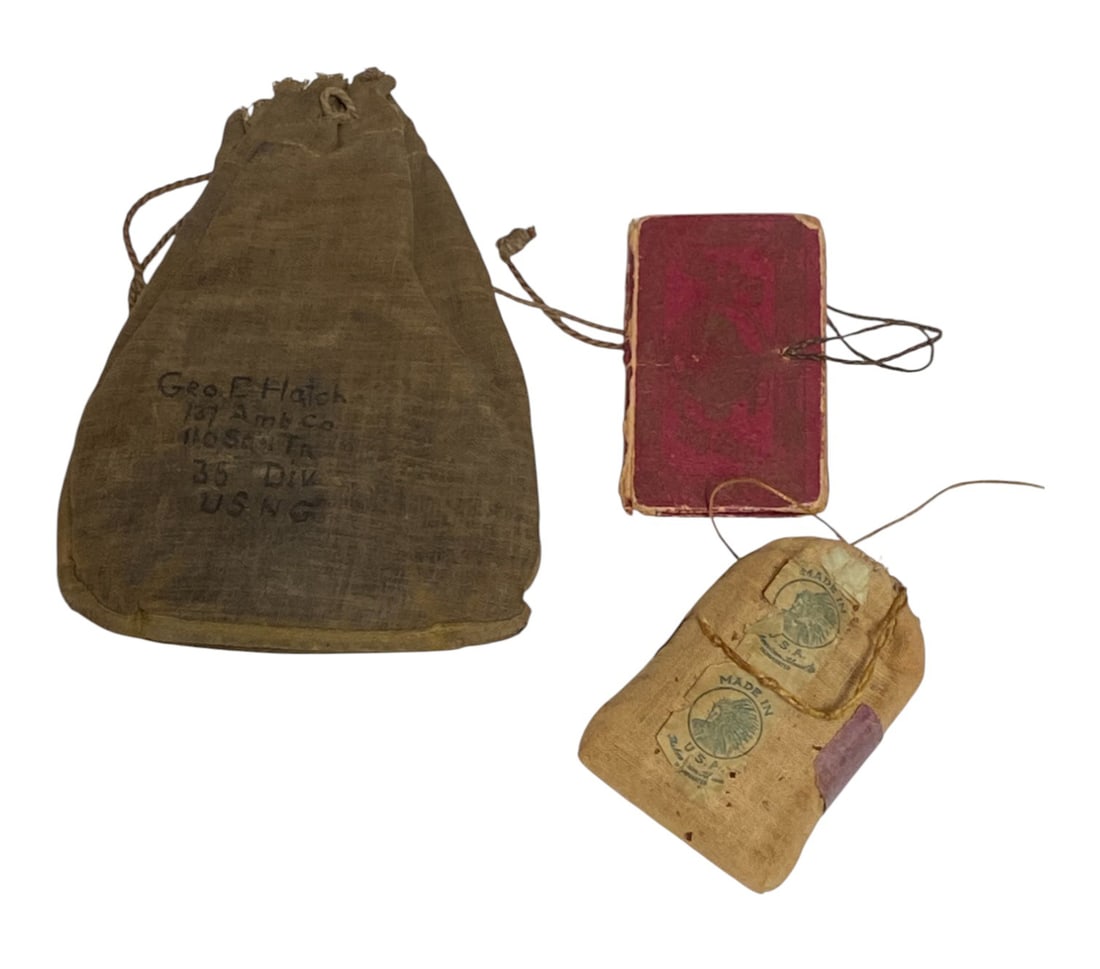 Named and Unit ID’d Tobacco Pouch : See photos. Marked Geo. E. Hatch, 137 Amb Co., 35th Division USMG. 110 Sqn. Tr. Inside pouch includes a nice vintage tobacco bag with contents and zigzag cigarette wrapping papers 