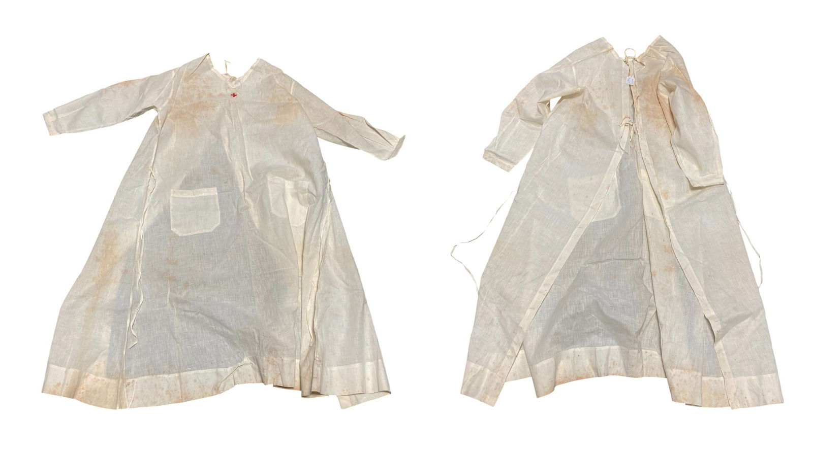 (2) Rare WWI Red Cross Nurse Dresses : Some staining present, but overall good and solid 