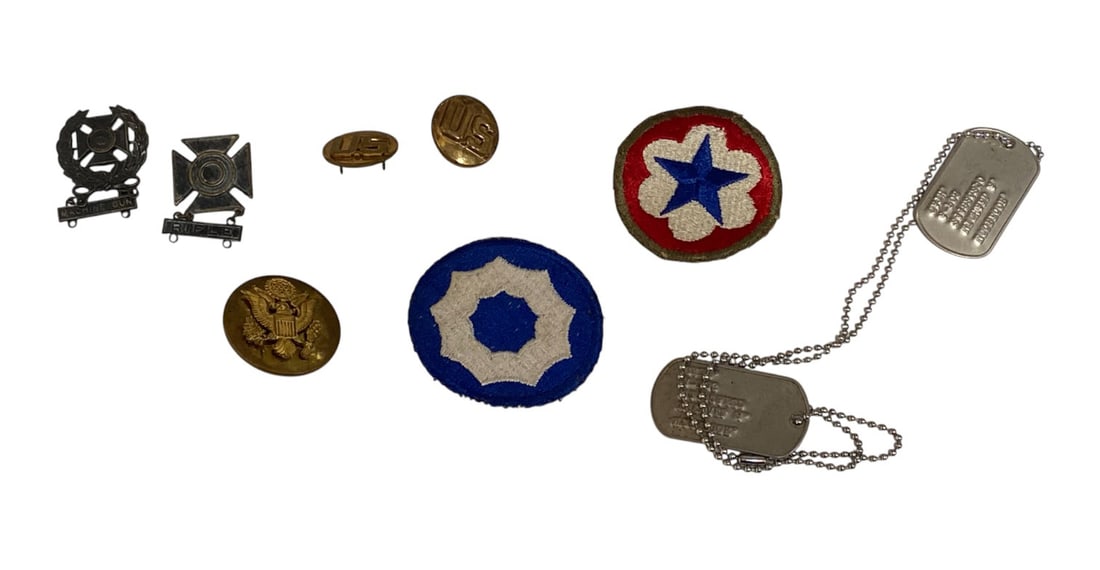WWII US Soldier Grouping With Dog Tags Michael A Mcgregor: Dog Tags, Patches, Cap Badge, Collar Badges, Marksman, and Machine Gun Badges. See Photos.