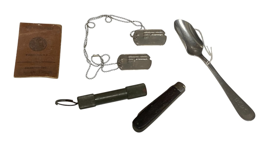 WWII Item Lot: War Department ID to Blonnie Warbritton, Dog Tags to Henry Minshew, USMC Spoon, TL 29 Knife, and Part of a handheld flashlight.