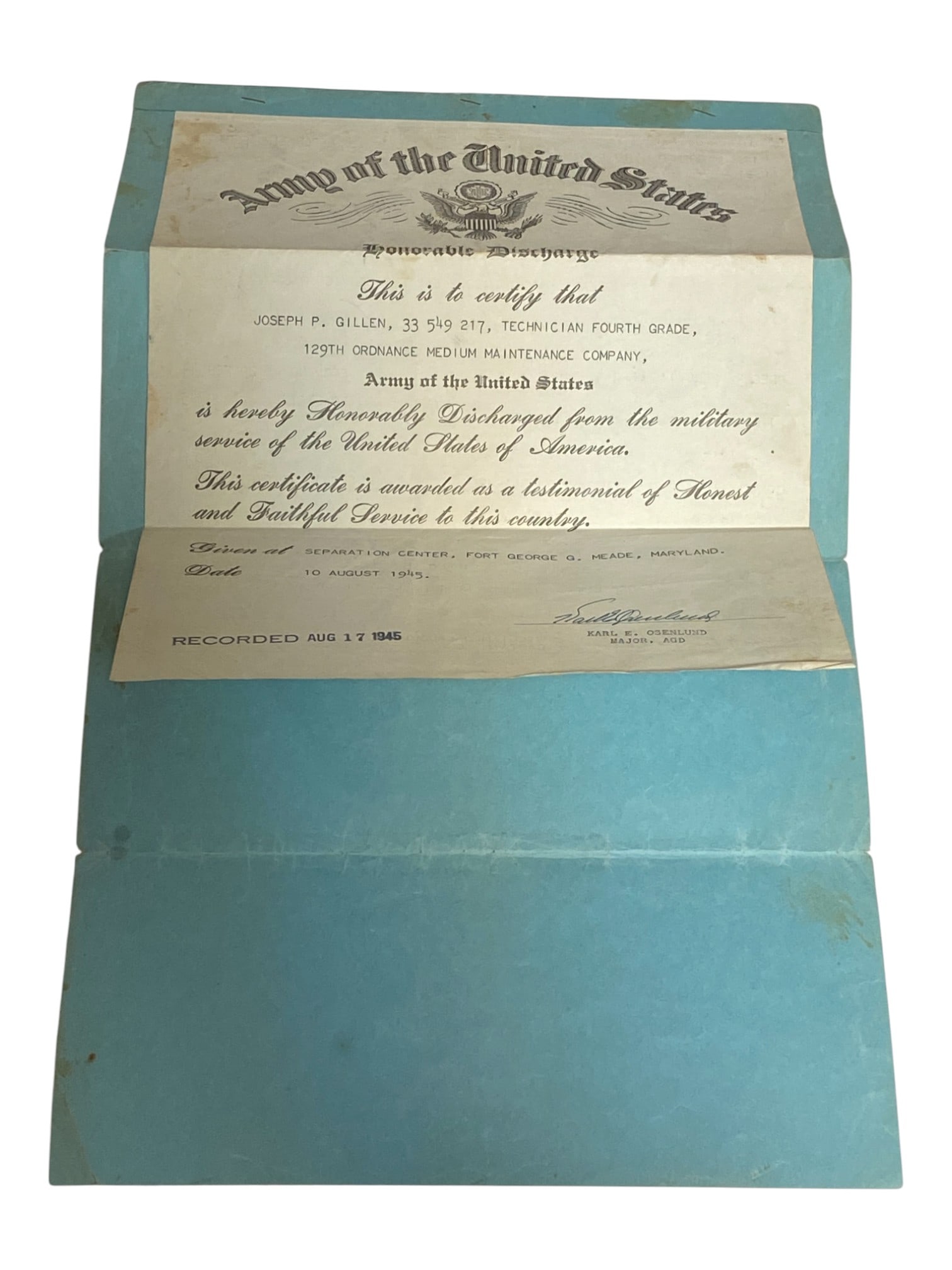 1945 Discharge Paper to Joseph P Gillen (1 of 6)