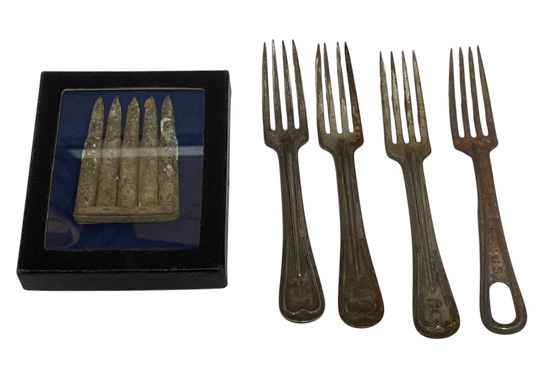 WWI-WWII Ground Dug Items: WWI-WWII Mess Forks, and WWI 1903 Ammo on Stripper Clip. See Photos