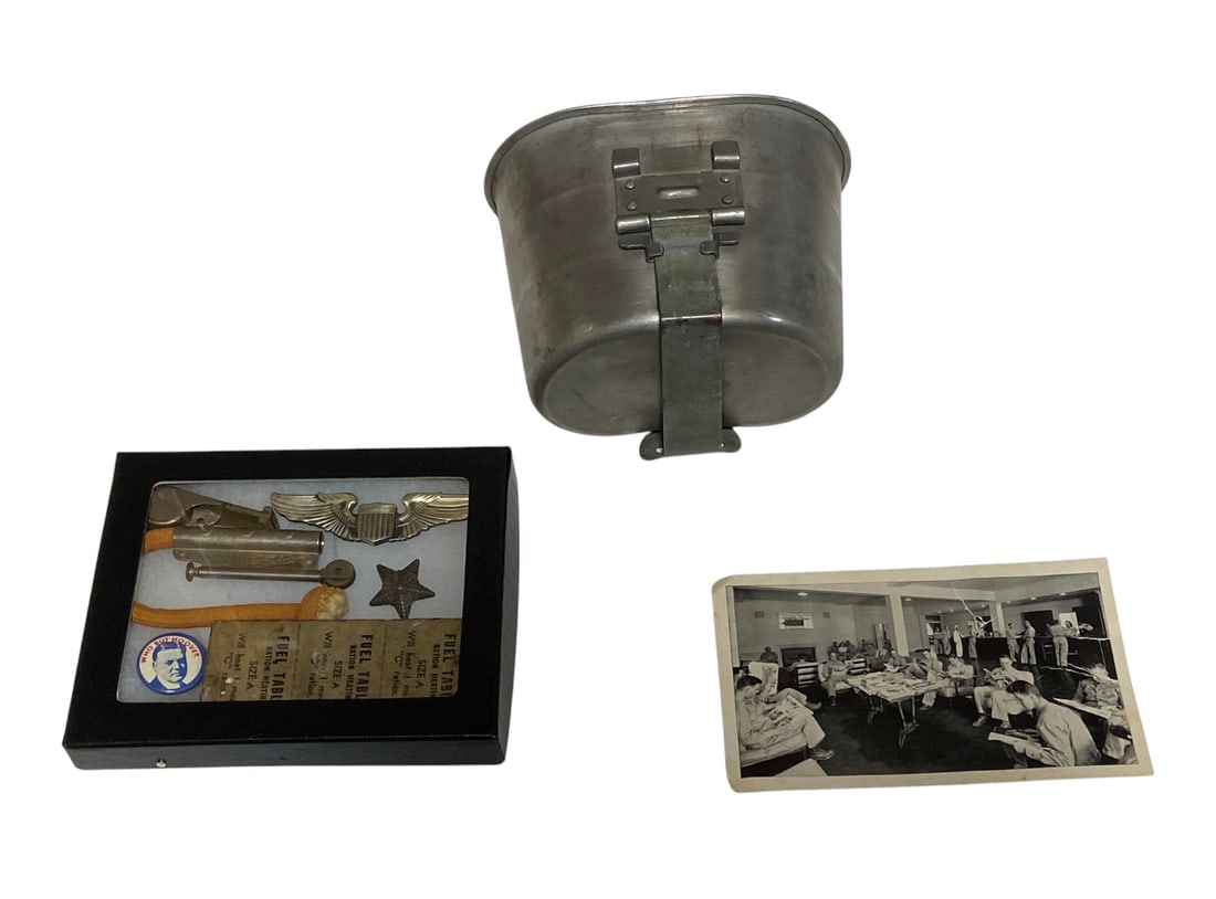 US MISC ITEM LOT: Pilot Wings, Major Star, C Ration, Whistle, Lighter, Who But Hoover Pin, WWII Postcard, and 1963 Mess Tin.