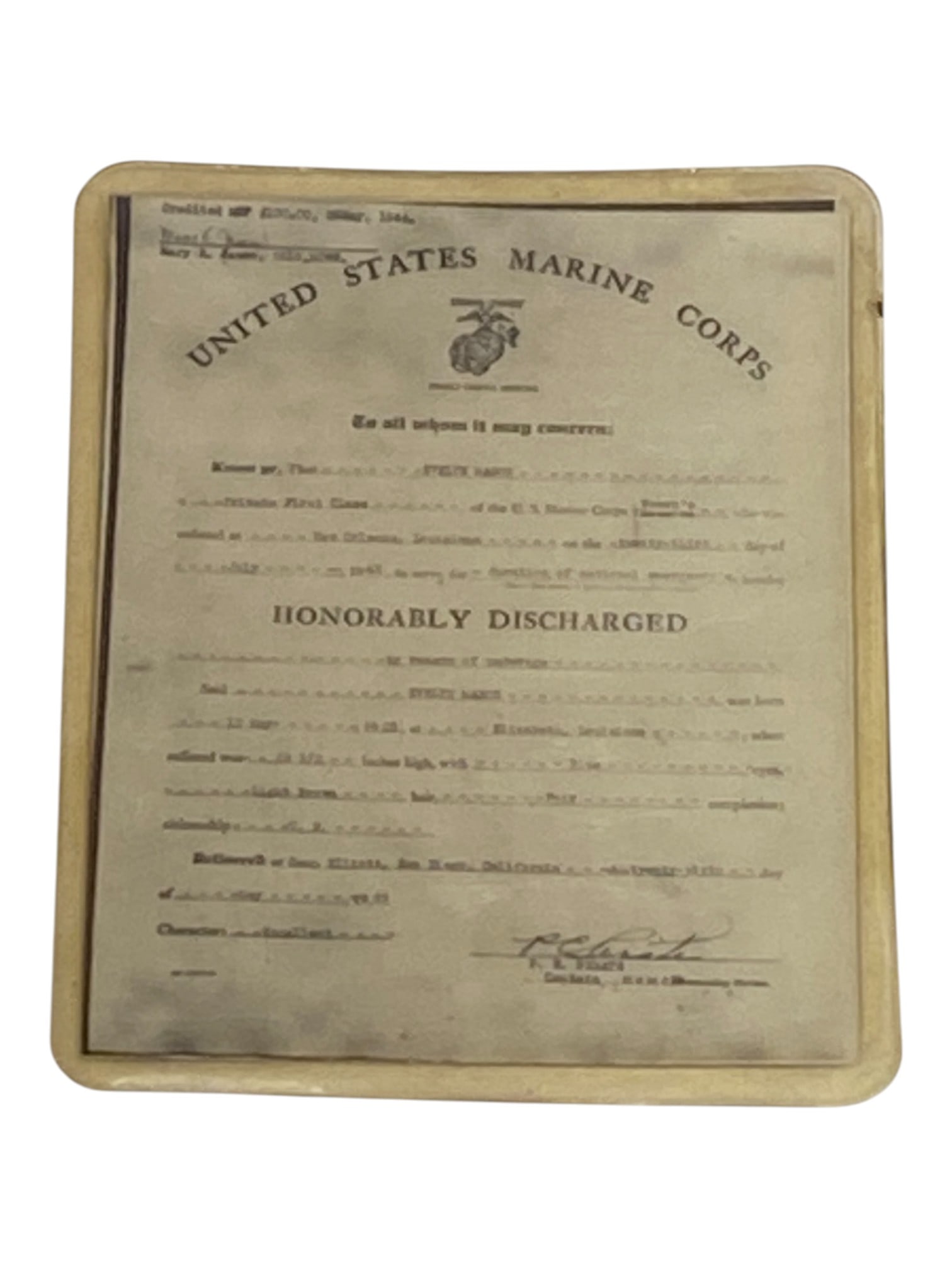 RARE Female WWII USMC "UNDERAGED" Pocket Discharge Paper to Evelyn Mason: Very Rare WWII Female USMC Discharge Paper to and Underaged Female Evelyn Mason. She Enlisted July 23, 1943 in the USMC Womens Reserve. She was discharged May 1944 when they found out she was underage