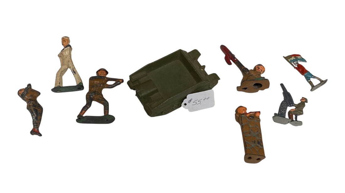 WWI Era US Toys: (1) Carden Loyd Carrier Tank, (5) Barclay Toy Soldiers, (1) American Metal Co soldier, and Unknown maker soldier.