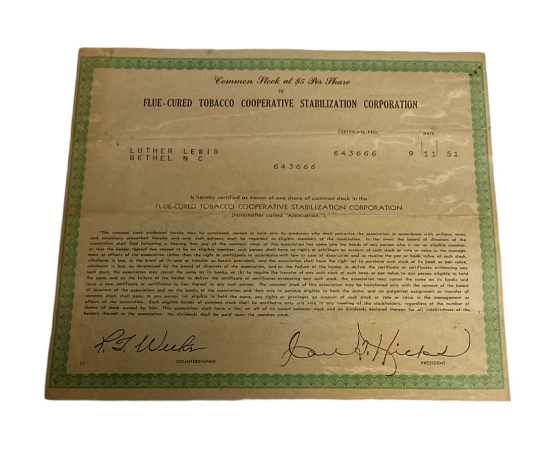 Flue-Cured Tobacco Cooperative Stabilization Corp. Stock Certificate: Dated 1951, see photos 
