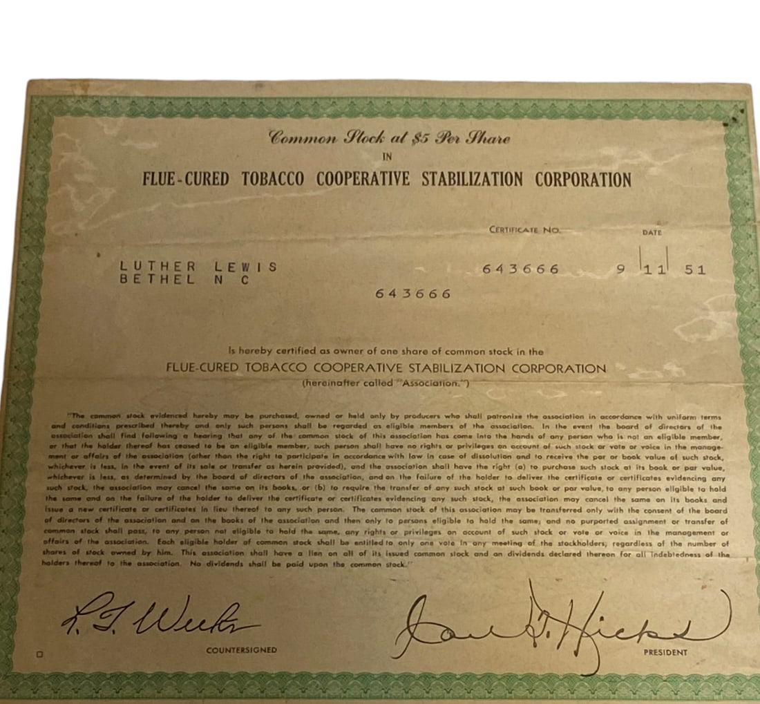 Flue-Cured Tobacco Cooperative Stabilization Corp. Stock Certificate - 2