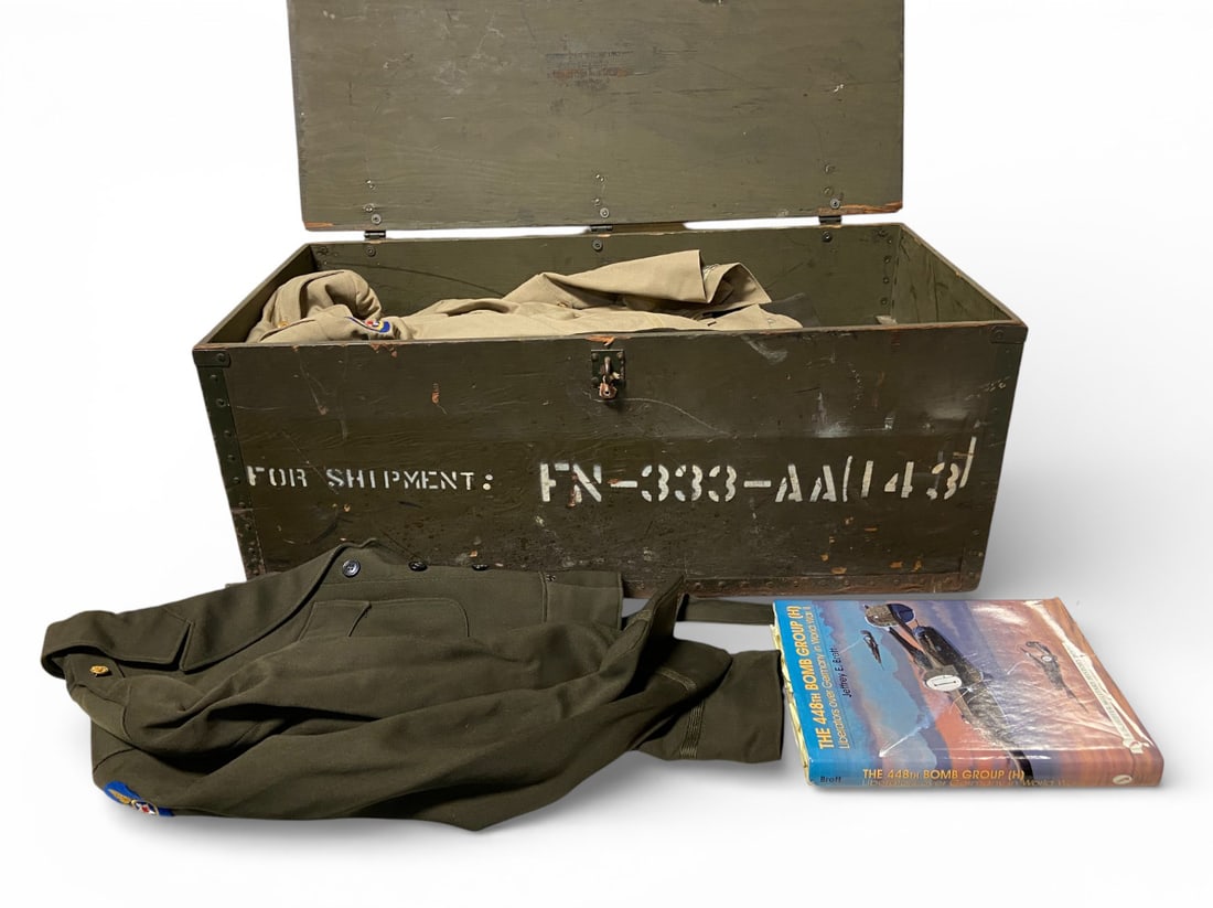 WWII Footlocker Belonging to Albert T. Willis Jr. Mars Task Force: ASN: O-461057. DUE TO SIZE AND WEIGHT, EXTRA SHIPPING CHARGES WILL INCUR. IF YOU WISH TO RECEIVE CONTENTS WITHOUT FOOTLOCKER, PLEASE REACH OUT BY EMAIL TO RJ@POINSETTARMORY.COM.Includes: Officer's sho
