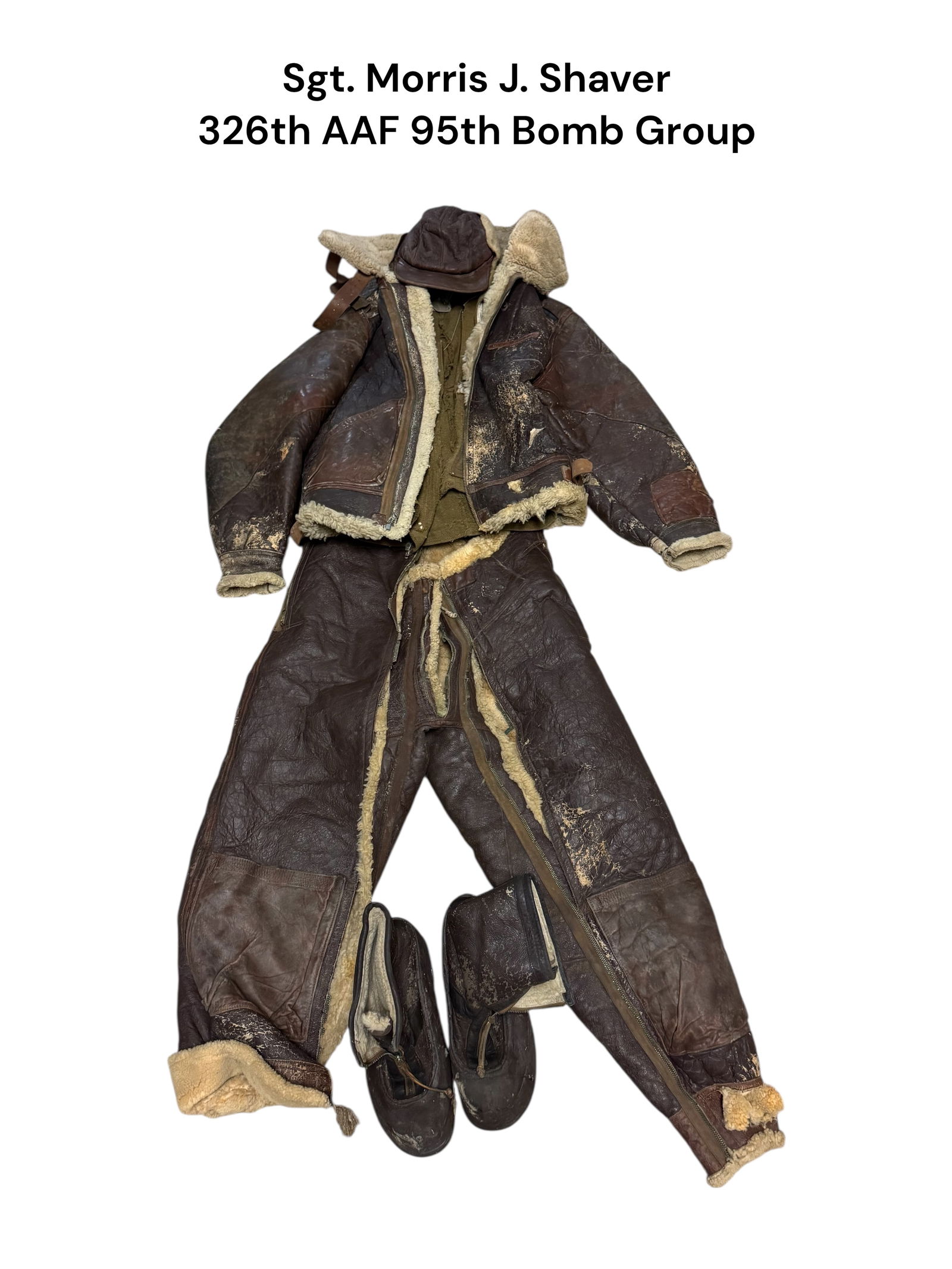 WWII Named Air Force B-2 Bomber Uniform Grouping: This Bomber grouping belonged to Sgt. Morris J. Shaver who was part of the 326th AAF / 95th Bomb Group. Grouping comes with the Jacket, Pants, Boots, Hat, and Green Vest Liner. Also included is his fr