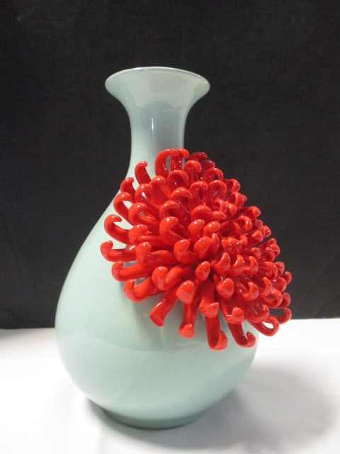 Anthropologie Celadon Blue with Red Chrysanthemum Ceramic Vase - 3