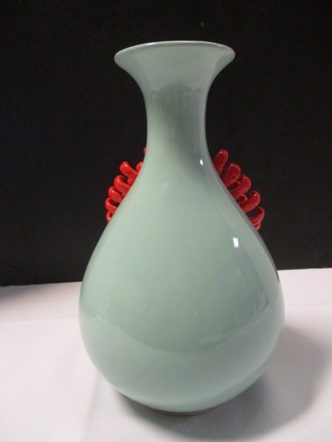 Anthropologie Celadon Blue with Red Chrysanthemum Ceramic Vase - 5