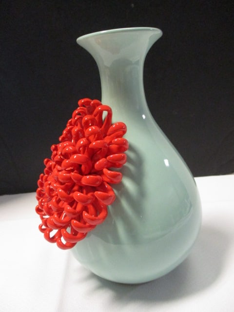 Anthropologie Celadon Blue with Red Chrysanthemum Ceramic Vase - 6