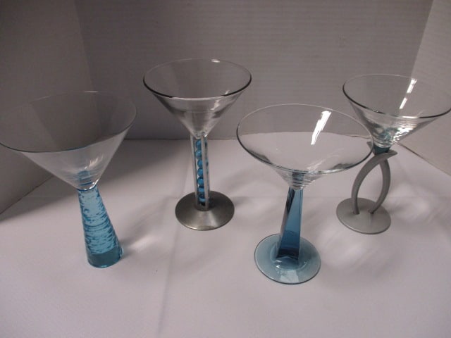 4 Sapphire Blue and Metal Crystal Martini Stem Glasses - 2