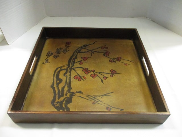 Asian Plum Blossom Wood Serving Tray - 2