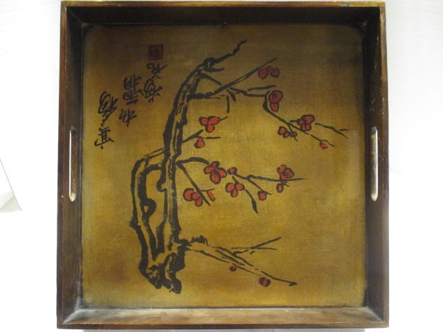 Asian Plum Blossom Wood Serving Tray - 3